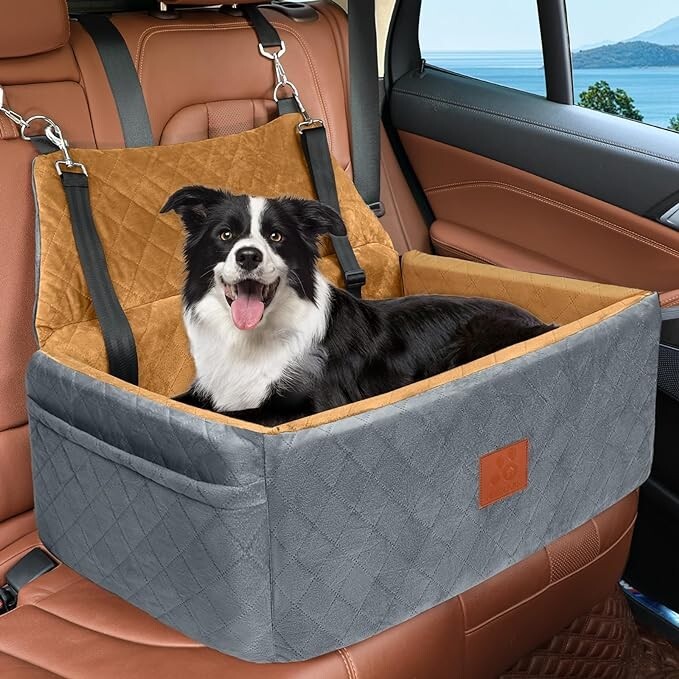 Dog Car Seat For Large Dogs (Up To 55 Lbs) – Elevated Bed With Safety Belt, Washable Cover, Storage Pockets