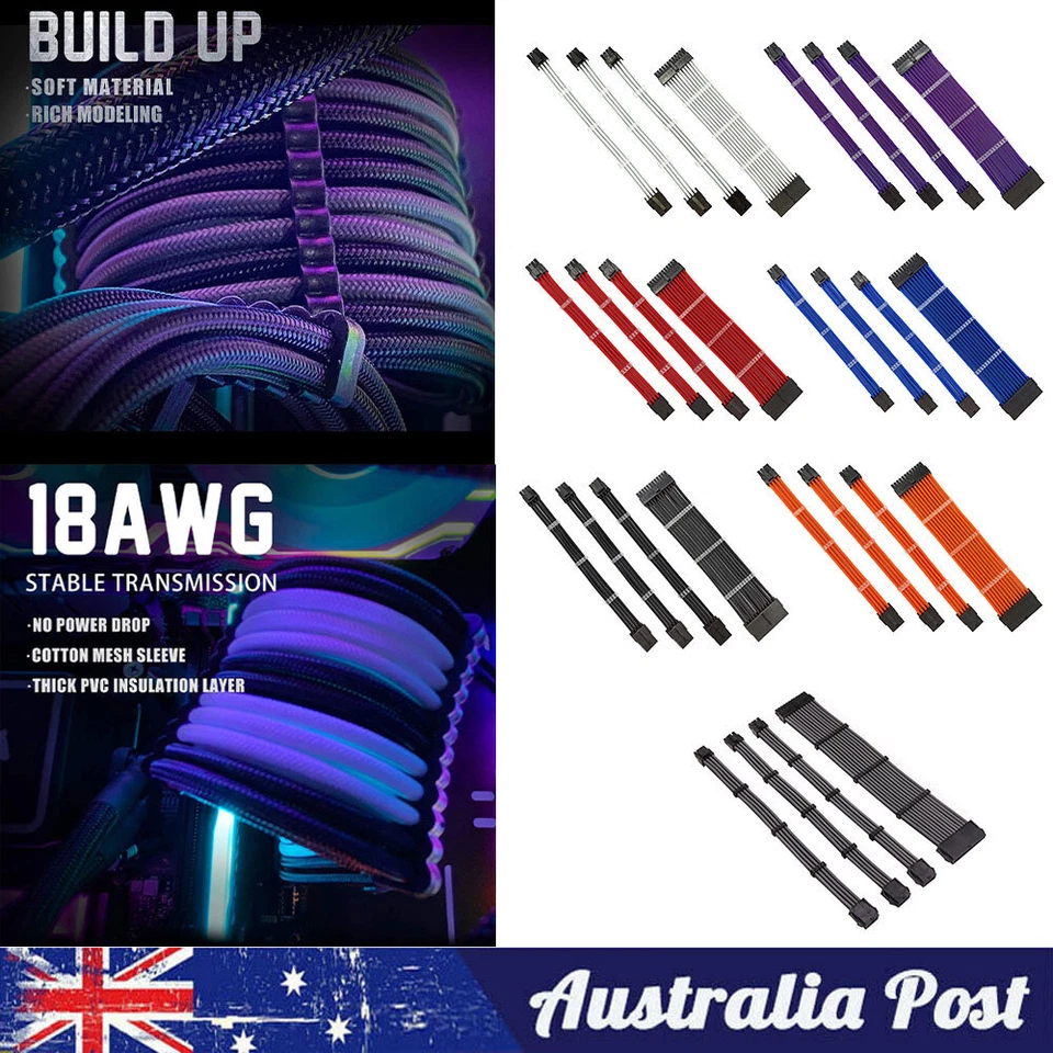 PSU Custom Sleeved PC Extensions Cable Basic Kit 24pin 4+4pin 6+2pin Cable Kit