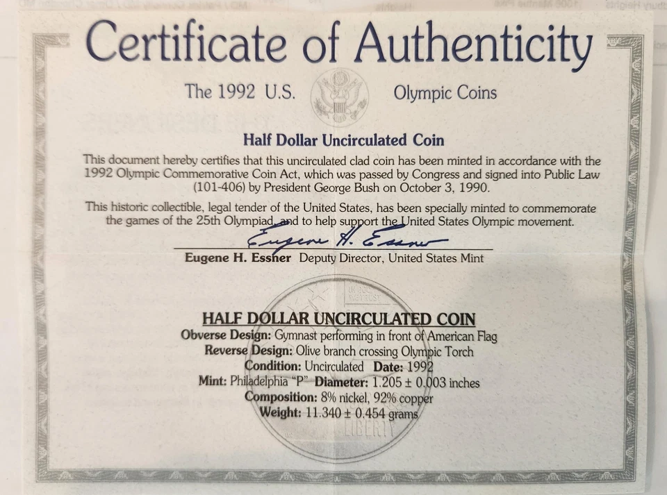 United States Mint 1992 US Olympic Coins Half-Dollar Uncirculated Coin - Image 2 of 3
