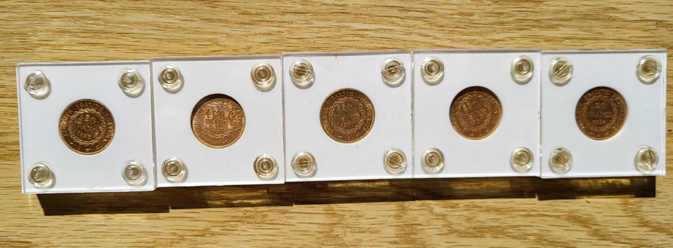 Ouro 1897-A França 20 francos – Lote de 5 – Não circulado, lacrado – Anjo e galo - Imagem 3 de 4