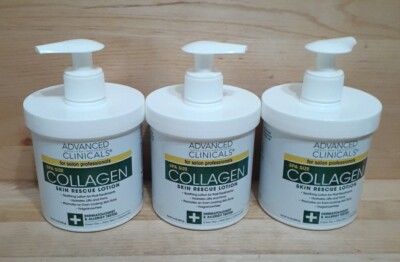 3 JUGS: Advanced Clinicals COLLAGEN SKIN RESCUE FACE & Body Cream green tea 16z 