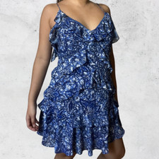 Blue Ruffle Mini Dress Size 34/Small Spring Summer Paisley Strap Coquette Cute