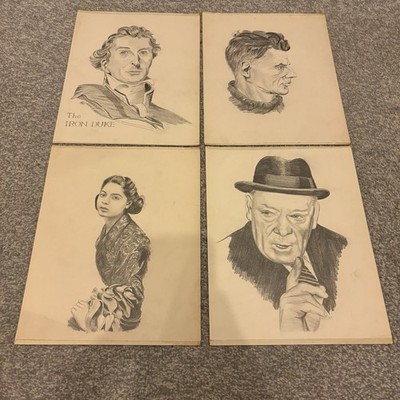 Vintage 50er Jahre Bleistiftzeichnung Skizzen Kunst Männerportraits