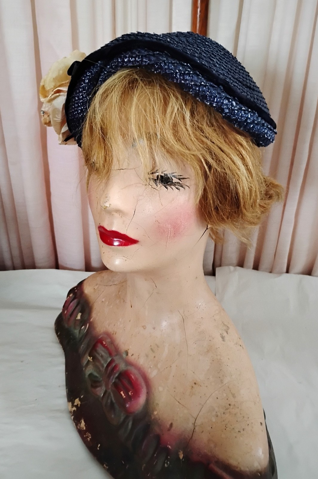 40s 50s Navy Blue Synthetic Straw Hat with Peach … - image 4