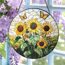 Sunflower Stained Glass Suncatcher: Butterfly Sunflowers Window Hanging Decor