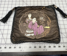 Vintage Edwardian era Black Chinese Silk Purse with Embroidery, 9" x 10"
