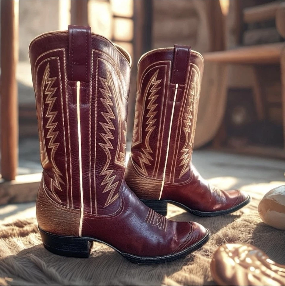 Botas femininas vintage 1970 Larry Mahan couro vermelho escuro cowboy faroeste tamanho 7M - Imagem 4 de 4