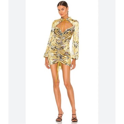 J11 Kim Shui Yellow Floral Butterfly Crushed Velvet Ruched Mini Dress Small