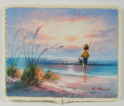 Vtg 70's L. Marcus Seascape Oil Painting ''Boy Beach Fishing Sunrise Scene'' 8X10''