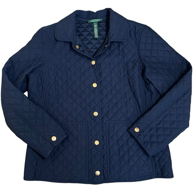 #ad LAUREN Ralph Lauren Quilted Navy Blue Chore Barn Jacket Gold Button L Equastrian $32.19