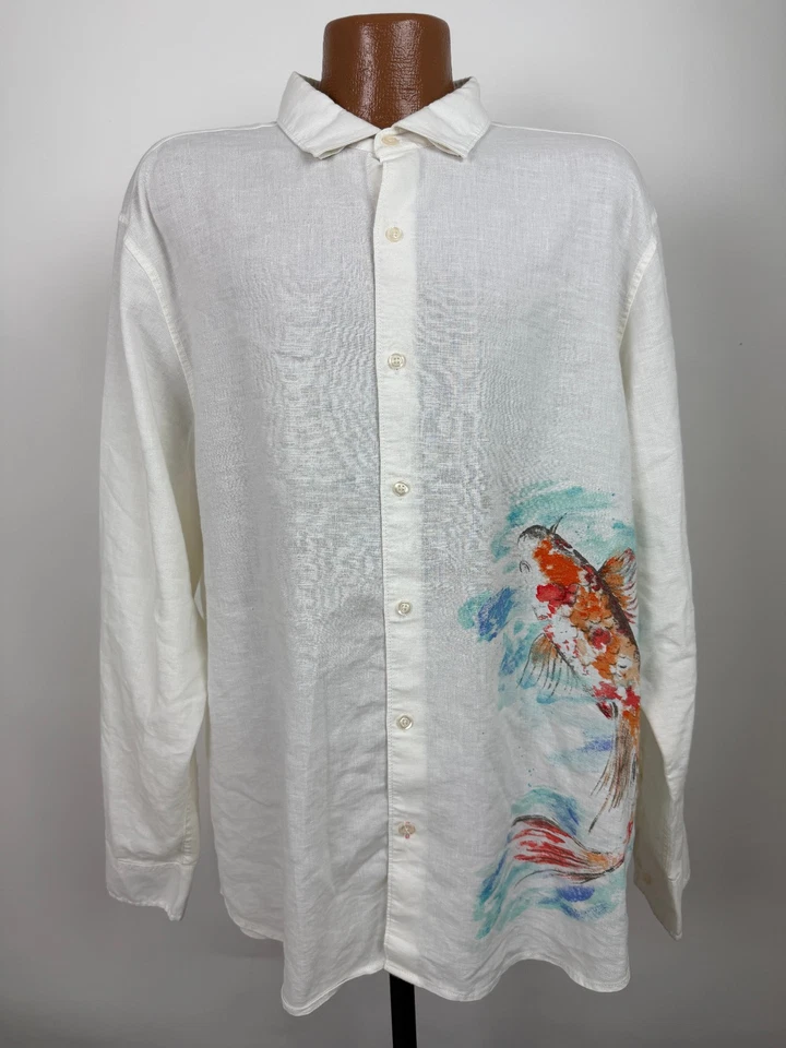 Camisa Tommy Bahama Hombres XL Elástica Lino Koi Mar Hawaiian Resort Preppy Marfil Foto 2 de 4