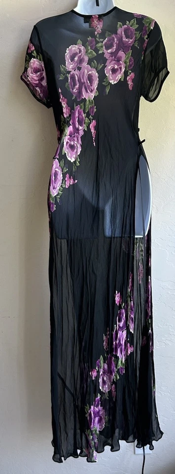 Vintage Dressbarn Sheer Floral Maxi Dress Tunic M Dainty Fairy Grunge High Slit - Image 2 of 4