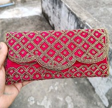 Pink Velvet Gold Beaded Clutch Indian Embroidery Clutch , Wedding Bag