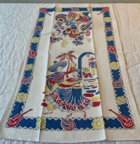 Vintage Kitchen Towel Or Tea Towel, Mexican Pots, Cactus, Sombreros, Cotton