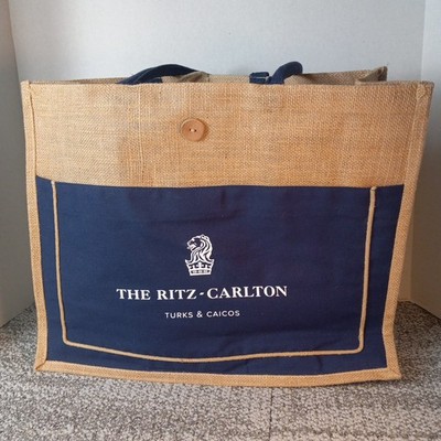 Ritz-Carlton Burlap & Canvas Tote Bag Turks & Caicos Tote Bag Navy Blue-Tan
