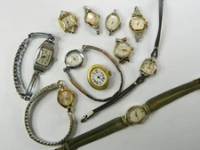 11 VINTAGE LADIES BULOVA ELGIN HAMILTON DIAMOND GOLD FILLED WATCH LOT - REPAIR