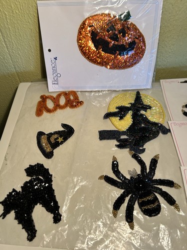 Lot of ( 14) Vintage Halloween Appliqués Sequin Beaded Patch -Witch Cat Bat Etc - Picture 2 of 12