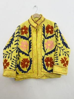 Bohemian Hand Embroidered Suzani Style Jacket Yellow Textured Cotton Cardigan