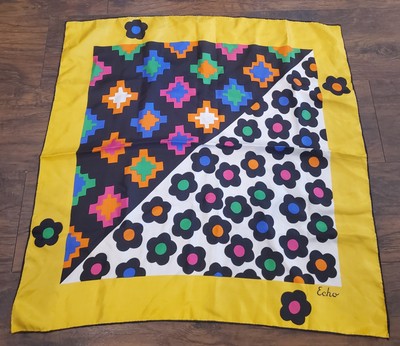 ECHO Floral Geometric Retro Square Pattern 100% Silk Scarf Vintage