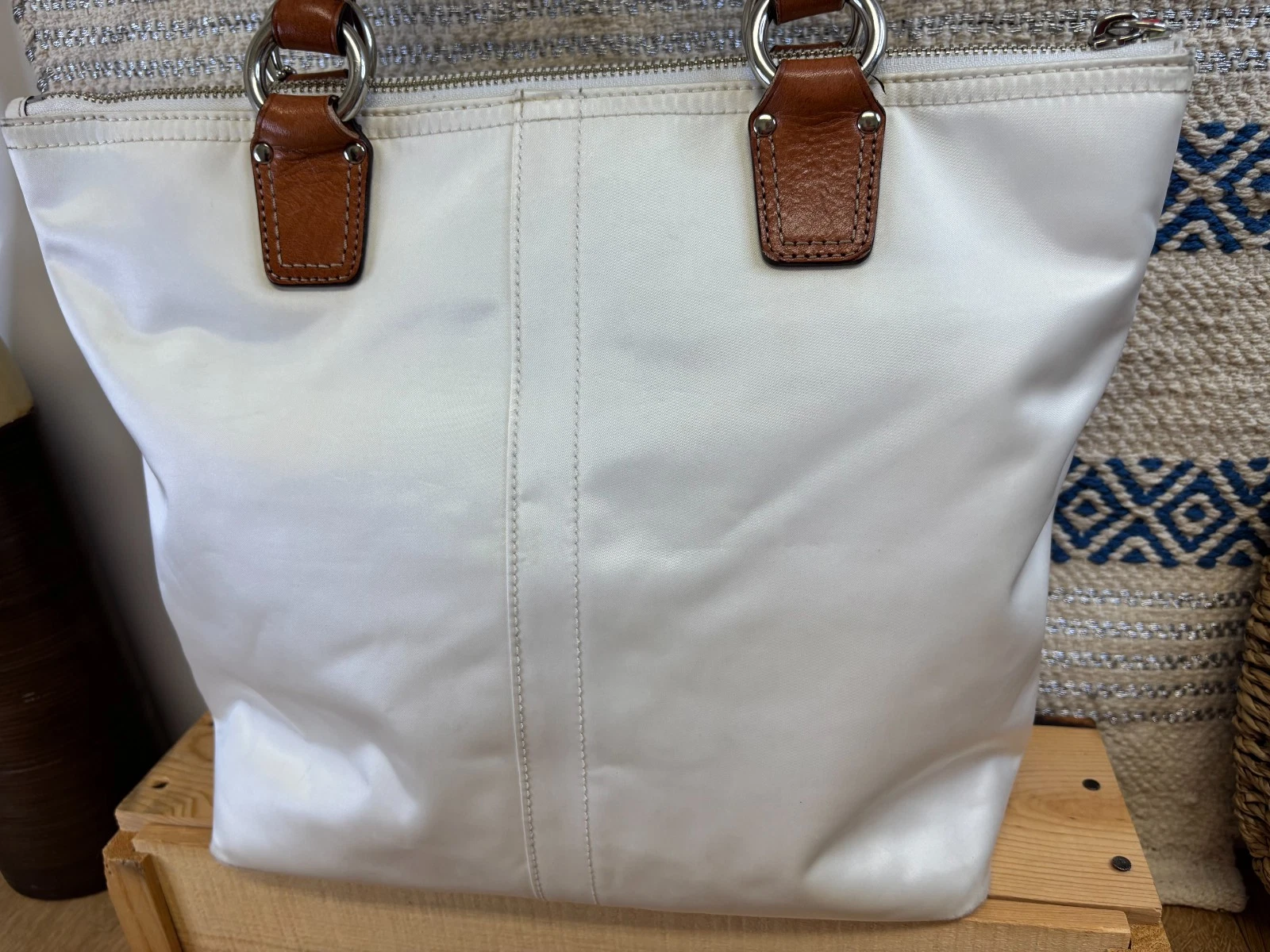 Borsa Coach Park bianca arancione nylon bordo pelle doppio manico chiusura cerniera tote bag