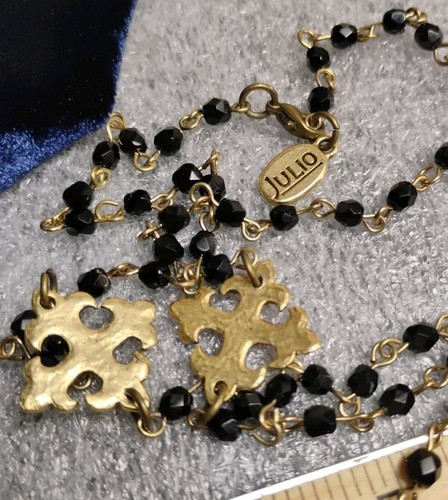 JULIO Black Beaded Chain w/Gold Tone Patonce Cross Link Accents 40" Necklace! - Picture 2 of 7
