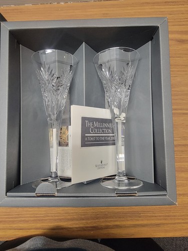 New in Box 2 WATERFORD CRYSTAL Millennium Universal Champagne Toasting Flutes - Picture 2 of 7