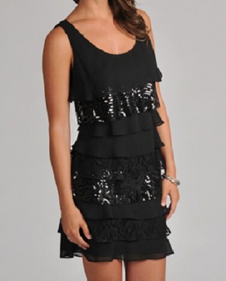 SL Fashions Black Chiffon/Lace Sequin Tiered Cocktail Dress, 8R - MSRP $119  | eBay