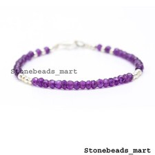 925 Sterling Silver Natural Amethyst 3-4mm Rondelle Faceted Gemstone Bracelet 7