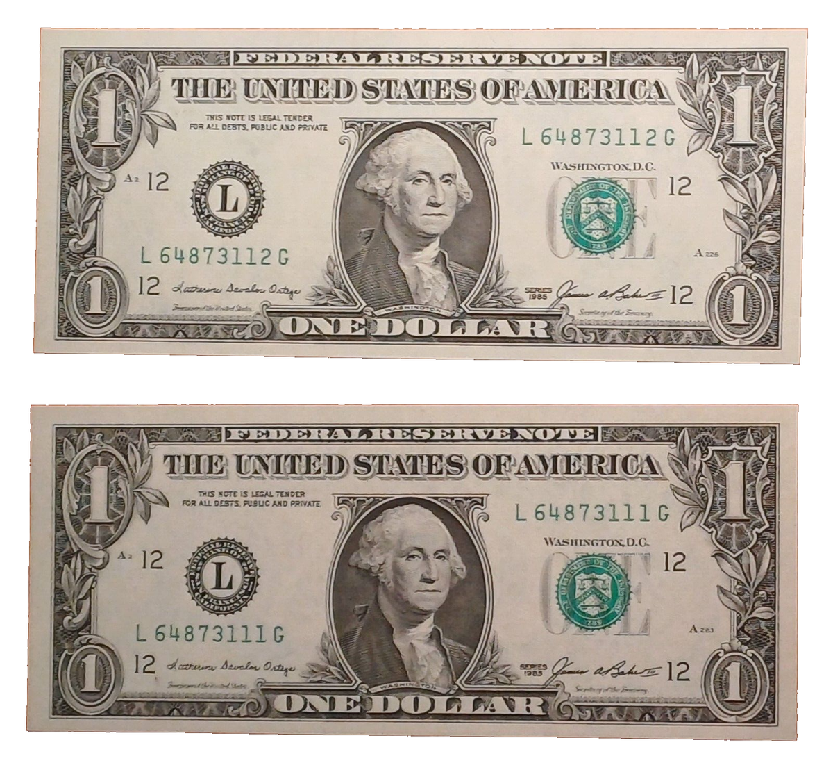 UNITED STATES 1985 ONE DOLLAR $1 TWO BILL NOTE NUMBERS SEQUENCE