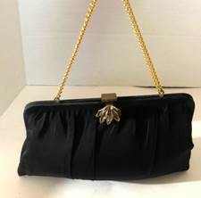 Vintage Garay Black Satin Evening Clutch With Gold Chain Strap Decorative Clas