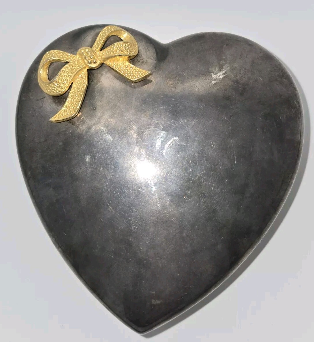 Vintage Silver Plated Heart Jewelry Box Trinket Holder Gold Bow Detail