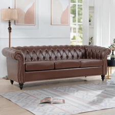 84''3-Seater PU Leather Rolled Arm Chesterfield Sofa Couch DarkBrown Living Room