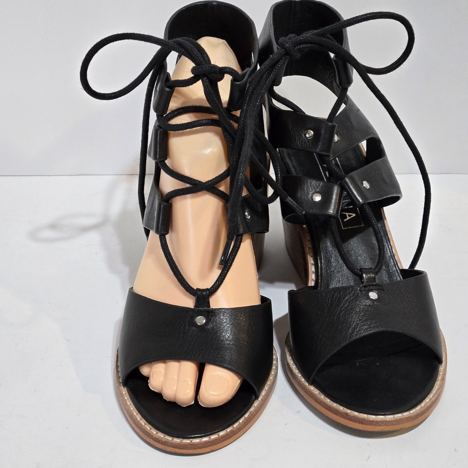 SAOLA Sandali donna Sol Sana Rudey 37 6 5 pelle nera stringati tacco a blocco 2 5" boho