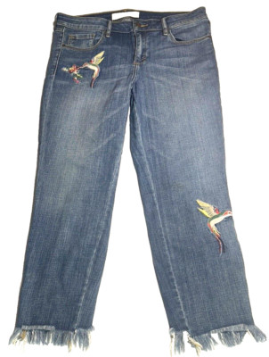 Womens Jeans Hidden Size 34'' Waist Embroidered Hummingbirds 5-Pocket Capri Denim