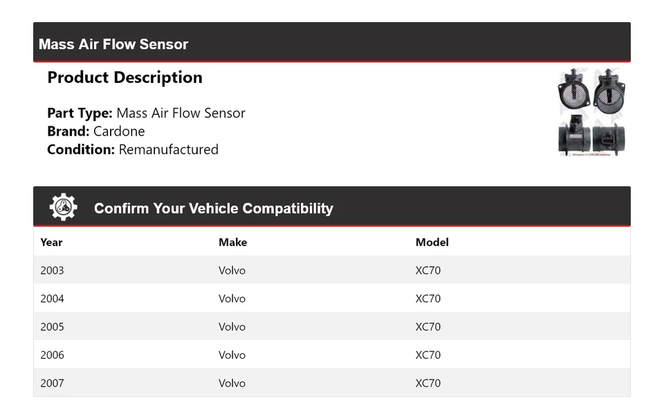 Sensor de flujo de aire másico Cardone 2004 2005 2006 para Volvo XC70 2003-2007 Foto 2 de 4