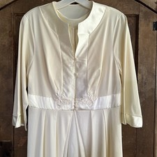 Vintage SEARS Nightgown Robe Set Off White Satin Trim Embroidered Appliqu  Bfly