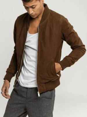 Handmade Lambskin Men Jacket Suede Bomber Brown New Pure Leather Stylish Soft