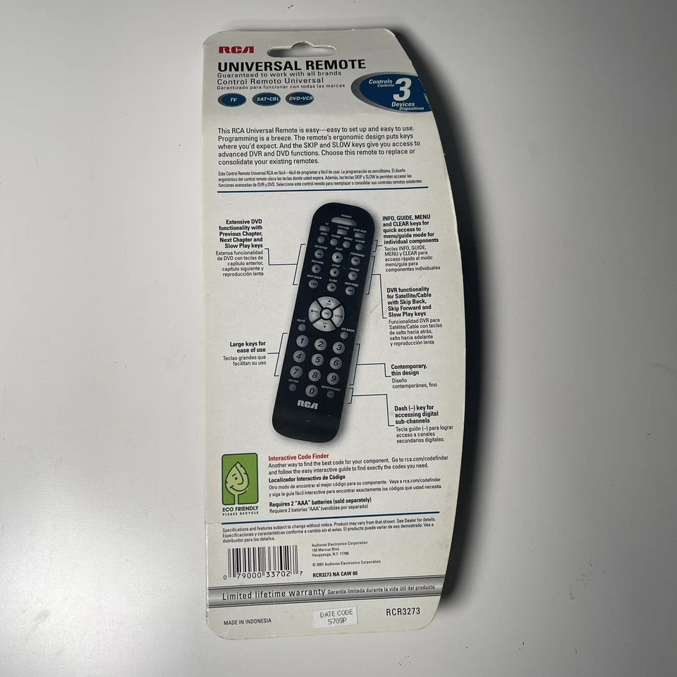RCA Remote Control RCR3273 Universal 3 device Lg Keys TV DVD VCR - Image 2 of 4