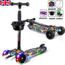 Kids Scooter Child Kick Flashing LED Light Up 3 Wheel Push Adjustable Folding UK