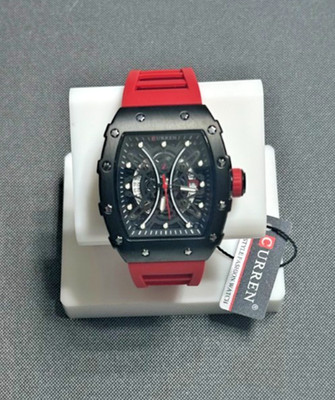 Curren Men's Sport Wristwatch Skeleton Black Dial Red Rubber Strap Analog