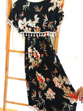 Floral Tassel Trim Midi Dress Approx Size 8 Black Boho Festival Party unusual