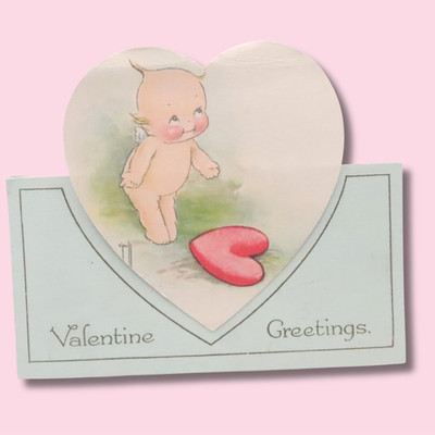 Antique Rose O'Neill Kewpie Valentine Card Signed Cupid Heart Die Cut 4x5