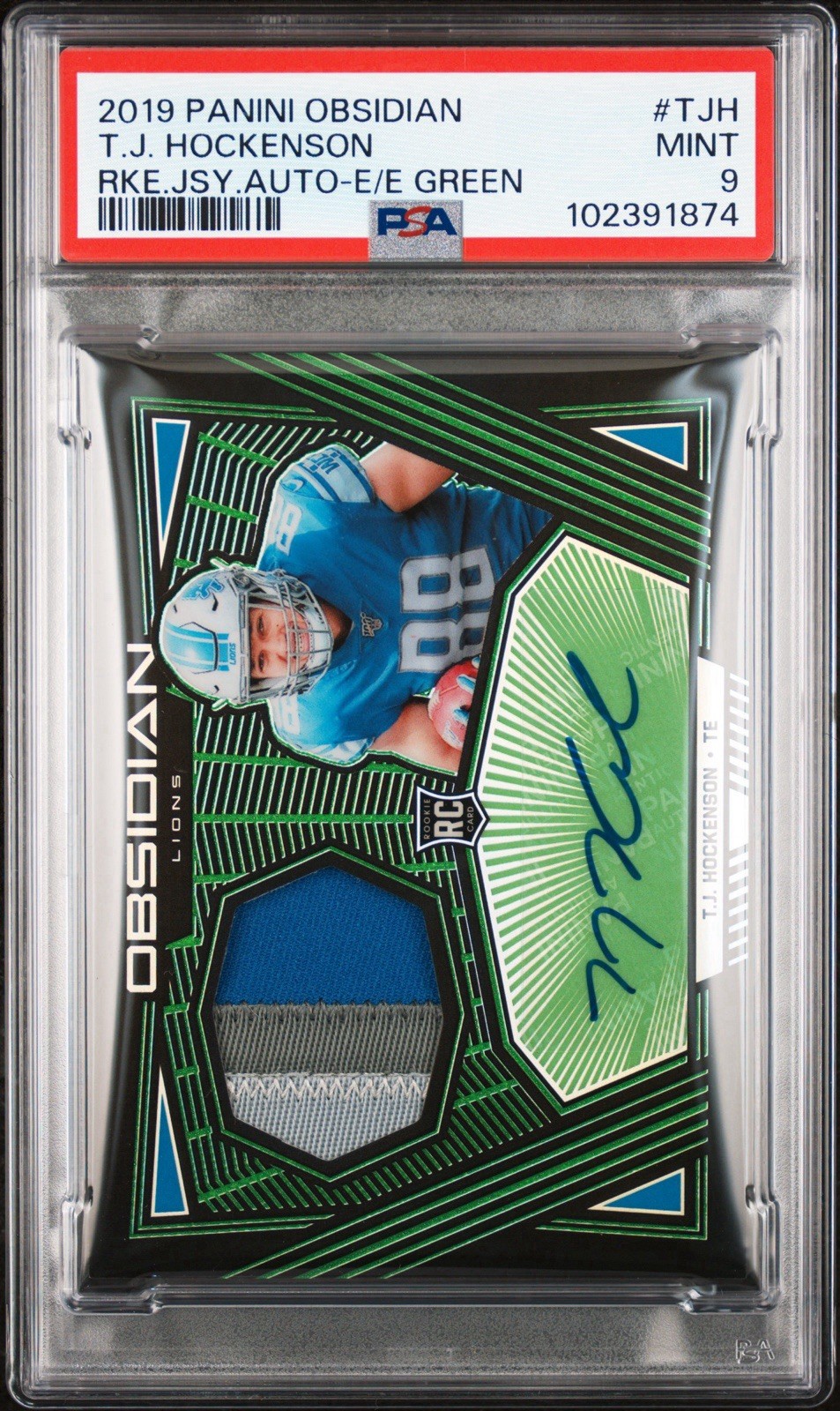 TJ Hockenson Panini Obsidian Rookie Jersey Autos #TJH Electric Etch Green