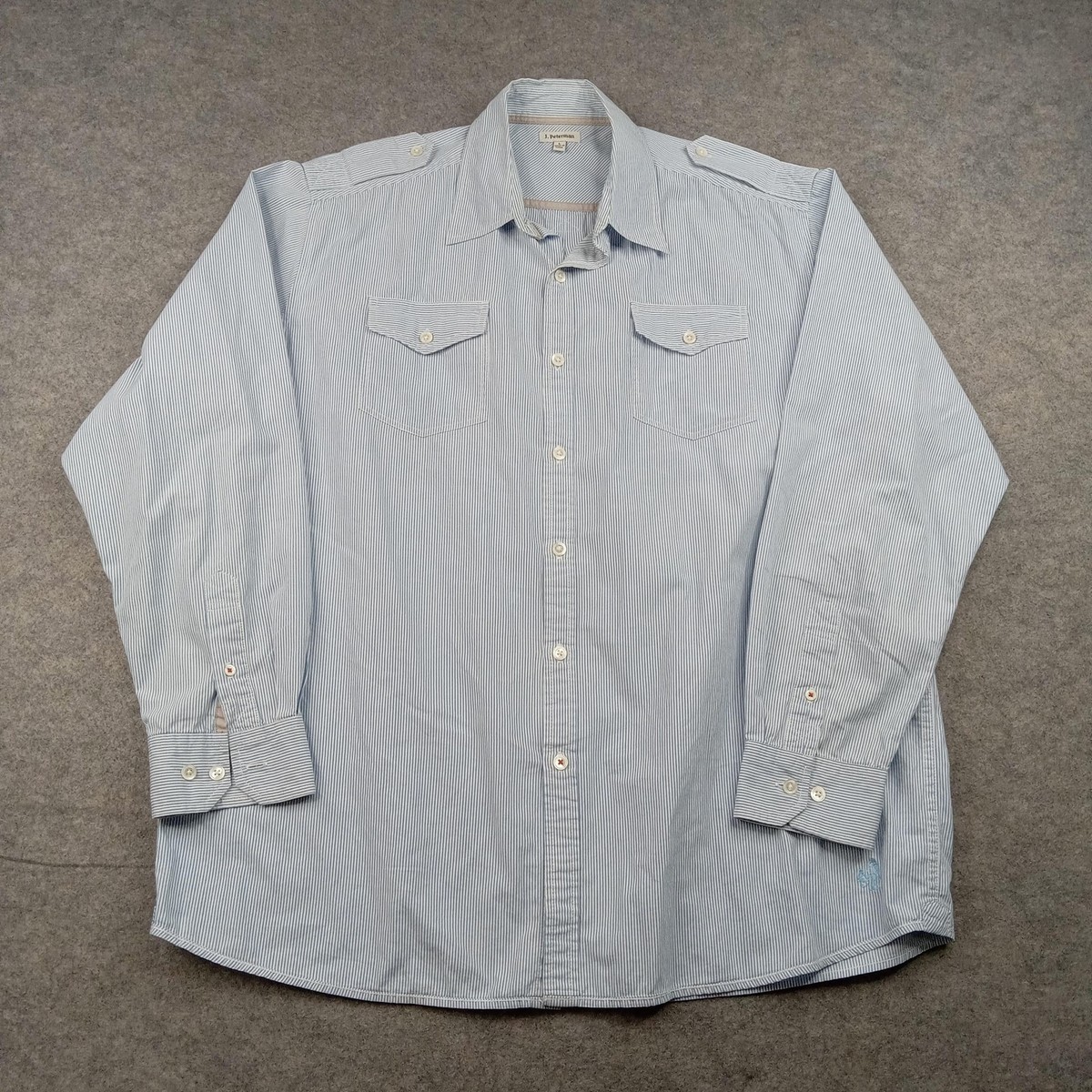 J Peterman Shirt Mens Large Blue Stripe Button Front Long Sleeve
