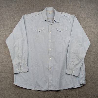 J Peterman Shirt Mens Large Blue Stripe Button Front Long Sleeve
