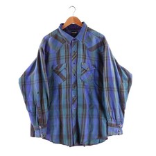 Vintage Wrangler Mens XL Long Western Pearl Snap Shirt Plaid Blue Teal USA