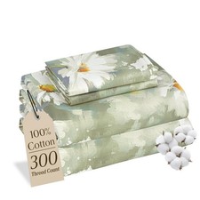 100 Cotton Sheet Set Floral Printed, 300 Thread Count Queen Daisy Light Green
