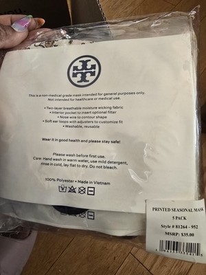 Tory Burch Floral Face Masks 5 Pack Adjustable Washable Reusable Polyester