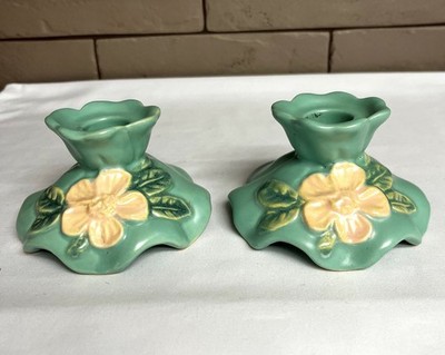 Pair (2) 1930's Weller Pottery Wild Rose Candle Holders in Green - Candlesticks