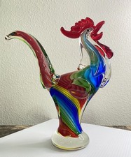 Murano Style Hand Blown Art Glass Rooster Multicolor Swirl Figurine Tall Heavy